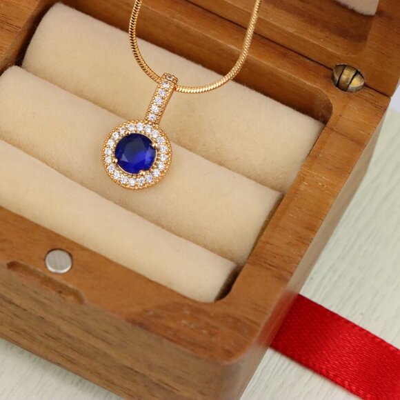 "Gold Plated Blue Round Pendant with Crystal Halo for Women, XPPT1739 - Picture 8 of 13